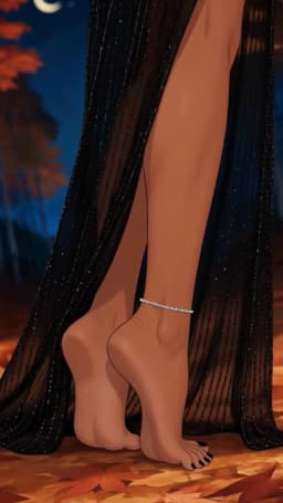 The woman's bare feet stand on autumn leaves, right foot flat with toes decorated with glossy, black polish while the left heel lifts to expose the soft curved sole and arch. Smooth warm-toned skin shows faint creases and subtle darker shading across the heels and soles. A thin sparkling anklet encircles her right, lifted ankle adding flirtatious, feminine allure to her visible presentation.