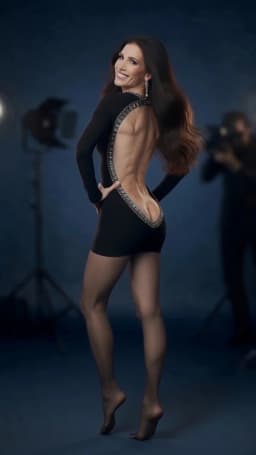 The woman stands with her back mostly toward the viewer, weight shifted onto one leg while the other extends slightly behind, her spine arched to accentuate the deep open cutout of her black mini dress. The dress clings closely through the torso and hips, its long sleeves covering her arms, while the rear plunges from the jeweled high neckline all the way to the base of her spine, framed by metallic embellishments that trace the exposed skin. Her hands rest on her hips, fingers positioned to frame the lower edge of the cutout. Long dark hair cascades over one shoulder. Her legs, smooth and firmly contoured with visible calf definition, extend downward to bare feet planted on the surface, toes pointed and arches lifted so that the soles and tops of the feet are fully exposed. The short hem of the dress leaves the full length of her legs visible, the skin tone even and the proportions balanced between the width of her hips and the taper of her waist. The overall stance creates a clear silhouette of lifted posture and extended leg line.