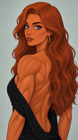 A muscular woman with a deeply tanned, orange-toned complexion stands with her back mostly turned toward the viewer, her torso twisted so that she looks back over her left shoulder. Her long, voluminous auburn hair falls in thick, wavy strands down her back and over both shoulders, partially covering the right side of her face. She has bright blue eyes, sharply defined dark brows, and a neutral expression with closed lips. Her back, shoulders, and upper arms display pronounced muscle definition, including thick shoulder blades, shoulder muscles, and upper back muscle contours. The bottom hem of the open portion of her backless dress is seen draped across her lower back and around her left shoulder, leaving the majority of her back and right shoulder bare. A thin gold chain rests around her neck, and a large gold hoop earring hangs from her visible left ear. Her distinct, prominent, feminine muscularity is visually appealing, arousing, and sensual.