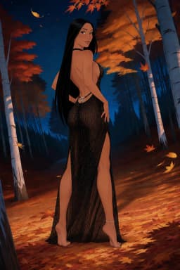 The woman stands with her back mostly turned, her body angled slightly as she glances over one shoulder, one hand resting near her hip. Her long, straight black hair falls in a sleek cascade past her waist. She wears a form-fitting black dress of shimmering beaded fringe that drapes low across her bare back, secured at the lower spine by a circular silver ring and thin straps, the fabric parting in a high slit along one side to expose the full length of her leg. Her skin appears smooth and warm-toned, with the contours of her thighs and calves accentuated by the dress's cut. Her bare feet rest on the ground, toes visible with glossy, black-polished toenails, while a delicate, silver chain anklet encircles her right ankle. The strap of her dress drapes around the nape of her neck sensually and elegantly at the top of her naked back display.