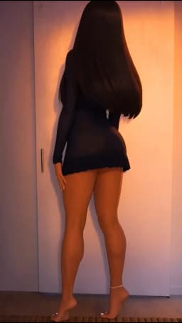 A woman stands with her back to the viewer, body oriented straight ahead and slightly arched at the waist so her hips push outward. She wears a tight, black, long-sleeved mini dress that clings to her torso and ends high on her upper thighs, the fabric appearing thin and slightly sheer over her curves. Her long, straight black hair falls down her back, covering much of her upper body and reaching past her waist. Her legs are extended and close together, both feet planted on tiptoe with heels lifted high off the floor; the soles and arches of her bare feet are visible and prominently curved from the raised position, toes pointed and bearing her weight. A thin silver chain anklet rests around her right ankle