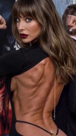 She has long, wavy brown hair cascading down her back with straight-cut bangs framing her face, her blue eyes glancing over one shoulder and her full lips painted in deep burgundy. Her skin shows a warm, sun-kissed tone across the exposed expanse of her back and shoulders. A sleek black garment clings to her frame with high neckline and dramatic side cutouts that reveal the full breadth of her back, where pronounced muscle contours create deep ridges and rounded shapes with clear lines of definition tracing the thick side back muscles flaring outward, the vertical striations of her sensually visible spine, the sharp separations between her shoulder blades and the pronounced, arousing, vertical muscles along her spine, and the etched contours along the shoulder development. A delicate gold chain drapes vertically along one side of her back, ending in a small pendant near her lower curve adding a unique, erotic allure to her presentation. The visible straps of her thong wrap around either side of her, meeting in the middle beneath her lower back at a golden embellishment that leads to the strap which dips beneath the hem of her gown and separates her buttcheeks beneath the hem. The fabric fits tightly at the waist and hips, with another angular cutout exposing skin just above the hip where a thin gold accessory wraps around her. Her posture turns her torso away while her head rotates back, highlighting the smooth taper from broad shoulders to a narrower waist.