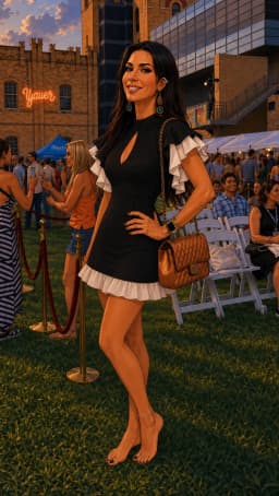 The woman stands with her weight shifted onto one leg, the other positioned slightly ahead and bent at the knee, both feet bare and slightly arched against the grass with toes pointed forward. Her left hand rests on her hip with fingers extended, her fingernails painted in glossy, black polish, while her right arm hangs at her side. She wears a fitted black mini dress with a high neckline, a teardrop-shaped cutout below the collarbone, short sleeves edged in white ruffles, and a matching white ruffle hem. Long dark hair falls past her shoulders. Dangling earrings with turquoise accents hang from her ears, a smartwatch and thin bracelet encircle her left wrist, and an extremely dainty, delicate and thin, silver chain anklet sits above her right foot, circling her thin ankle. Glossy, black toenail polish covers her toenails, matching her fingernails. Her head is turned toward the viewer with a visible smile and direct gaze.