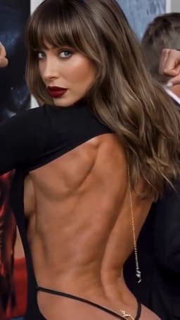The woman is shown from a rear three-quarter angle, her torso angled away while her head turns back over her left shoulder to face the viewer. Her long, wavy brown hair with straight-cut bangs falls heavily across her right shoulder and down her back. She has blue eyes, defined brows, and wears dark red lipstick in a closed-mouth expression. 

A black, high-necked garment covers her left arm and shoulder but leaves the entire back open, revealing broad, muscular shoulders and a heavily defined back with visible ridges of muscle along the spine and shoulder blades. The thin, visible straps of her thong wrap around either side of her in an arousing display, a golden pendent where the straps meet in the center of her lower back before the other strip of her thong disappears beneath the hem of her fabric, arousingly. A delicate gold chain with a small pendant hangs vertically along her spine from the upper edge of the garment.