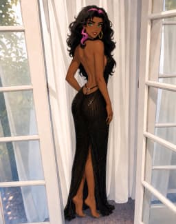 The woman stands with her back mostly to the viewer, one hand resting on her hip, her body angled to display the deep curve of her spine and the rounded contours of her hips and backside. She wears a form-fitting black sequined gown that clings tightly to her figure, plunging low to leave her entire back bare except for a thin strap that wraps around her waist and fastens with a silver heart-shaped buckle at the lower back. The downward-extending strap of the Y-shaped buckle extends below the bottom hem of the open panel of her backless dress, until, beneath the fabric of the gown, its thong passes through her butt crack and ass cheeks, sensually. A high side slit reveals the full length of one smooth, toned leg from upper thigh to ankle, the fabric parting to expose the warm brown skin and the gentle taper from calf to slender ankle. Her feet are bare, toes pointed softly against the surface, with the visible foot showing glossy turquoise polished toenails. A delicate silver anklet encircles the same ankle. Her long, voluminous black hair cascades in loose waves down her back, streaked with bright pink highlights and held by a matching pink band across the crown. A large gold hoop earring dangles from her visible ear, and a thin black choker wraps her neck. Her posture accentuates the pronounced hourglass shape of her waist and the full, rounded shape of her buttocks beneath the shimmering fabric.