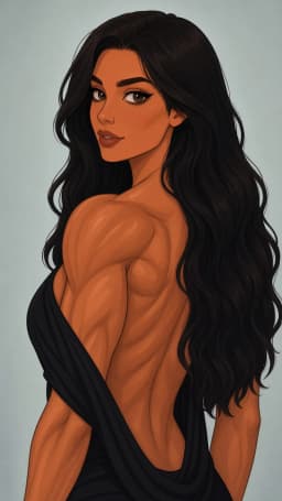 The woman stands with her back mostly toward the viewer, torso twisted slightly so her head turns over her left shoulder to meet the gaze directly. Her long, thick black hair falls in loose waves across her shoulders and down her exposed back. The black fabric is wrapped low around her waist and crossed over one shoulder, leaving the full expanse of her back bare and revealing sharply defined shoulder blades, upper back muscles, and shoulder muscles. Her skin shows a warm, even tone. Her visible arm hangs relaxed at her side, displaying matching muscular contours. Her face, seen in three-quarter profile, has arched brows, lined eyes, and a closed-mouth expression with faintly upturned corners.